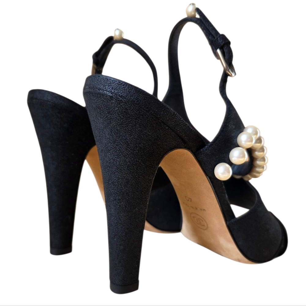 Chanel CC Logo Pearl Embellished Black Suede Slingback Heels EU 40 G29835 - Picture 8 of 13